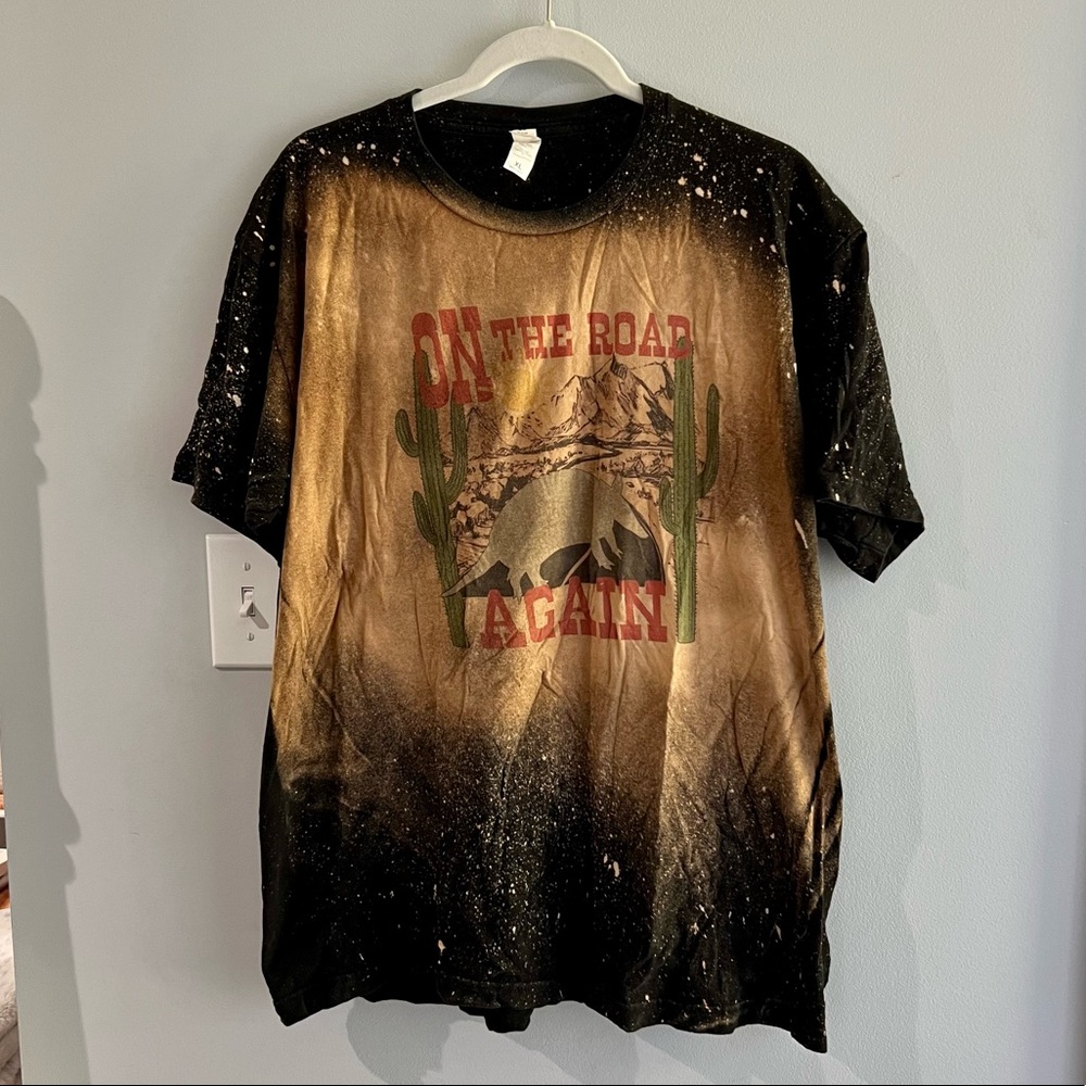 On the road again bleach stained graphic t shirt